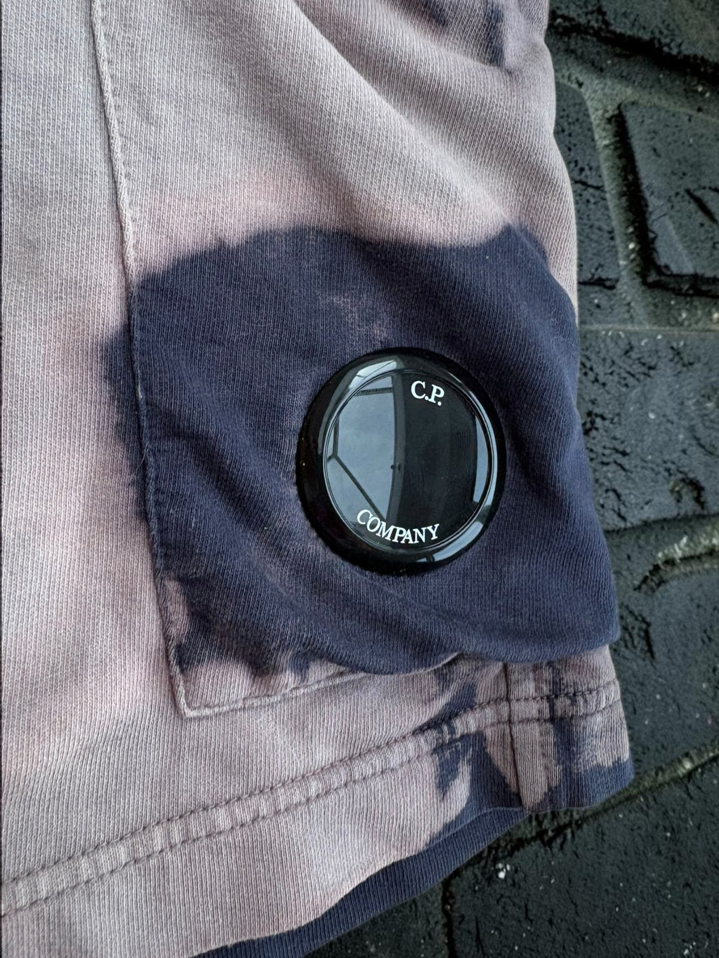 C.P. Company Custom Dyed Lens Cargo Sweat Shorts Navy Grey Bleach Effect – L