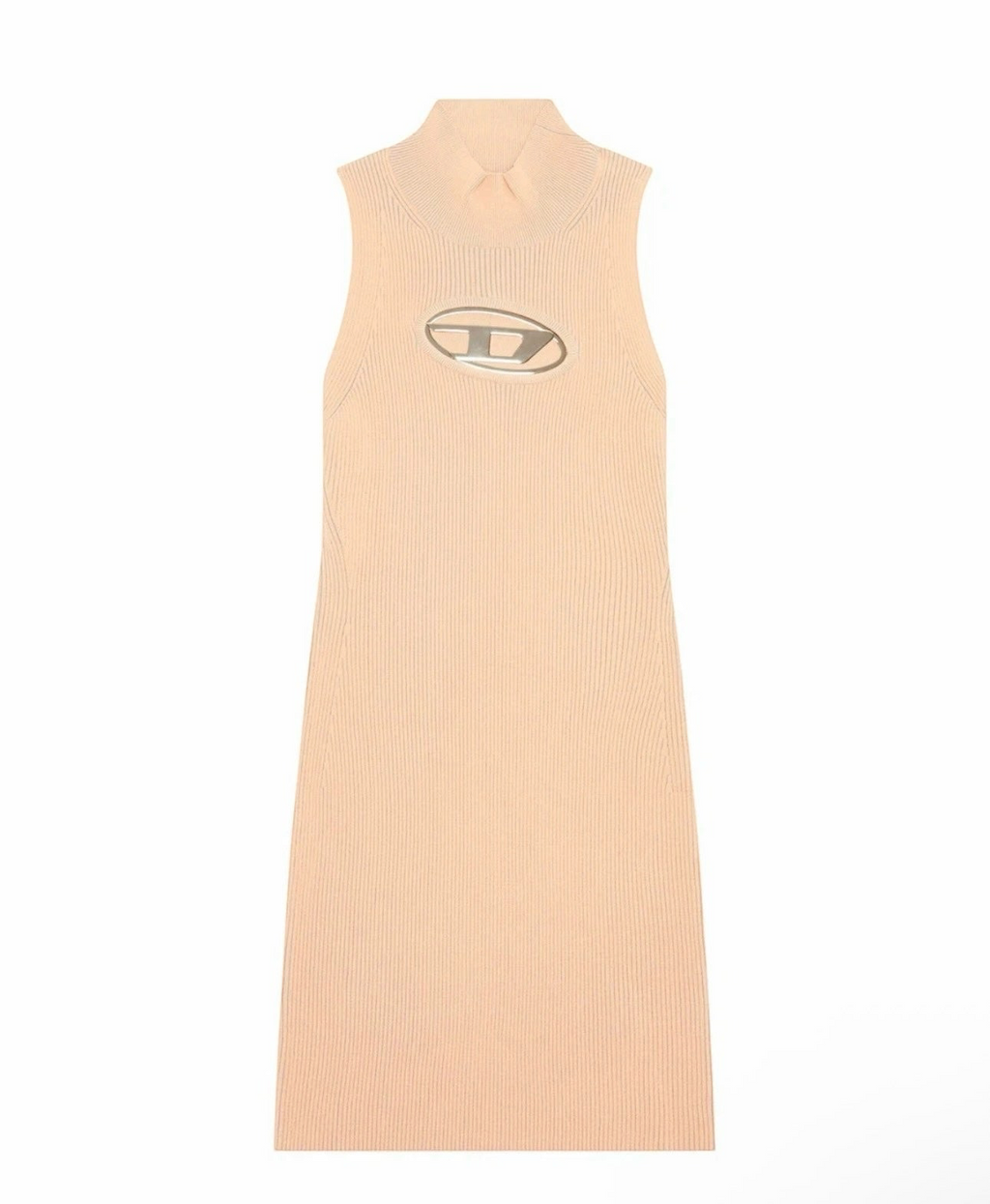 Aurora Fashion beige sleeveless ribbed knit mini dress with high neck and metallic Diesel logo hardware on the chest.