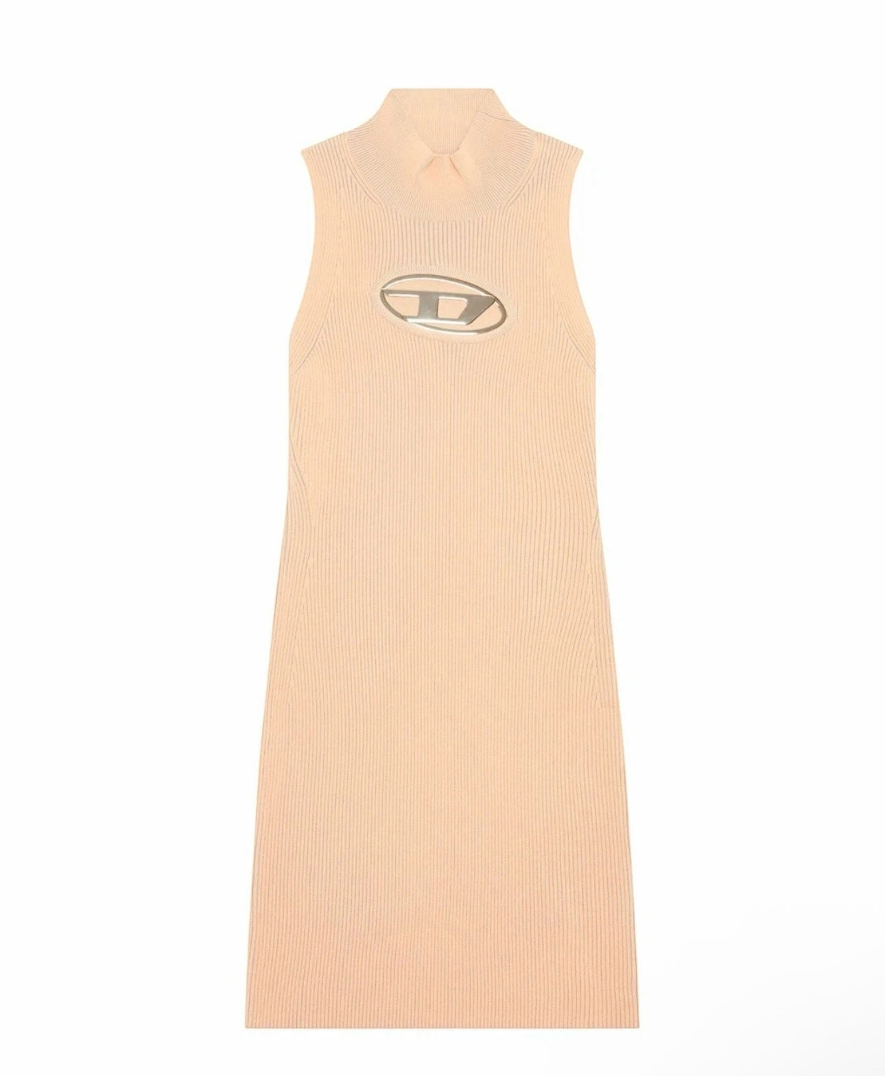 Aurora Fashion beige sleeveless ribbed knit mini dress with high neck and metallic Diesel logo hardware on the chest.
