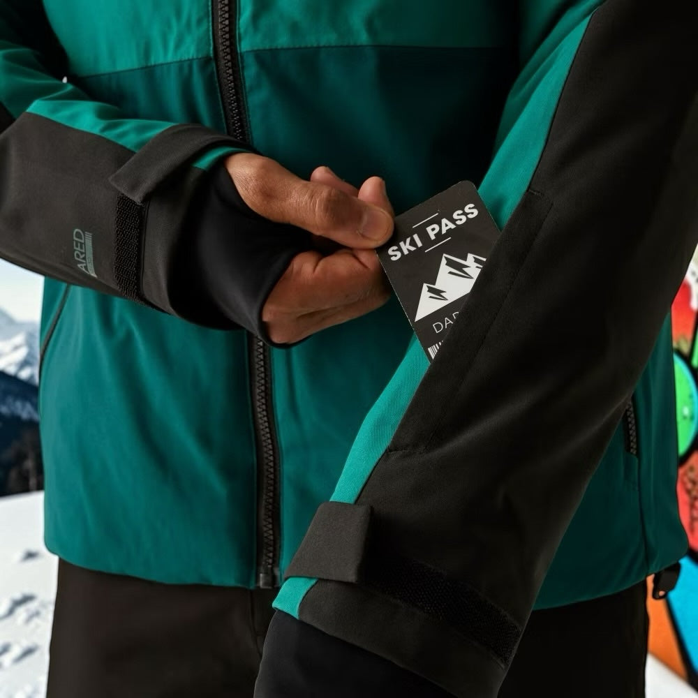 Aurora Fashion men's teal and black waterproof ski jacket with a convenient sleeve pocket for a ski pass
