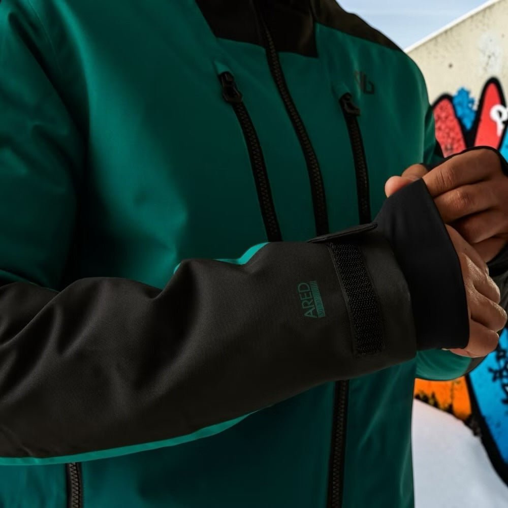 Aurora Fashion men's teal and black waterproof ski jacket with ARED technology, adjustable cuffs and zip pockets.
