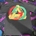 Aurora Fashion black cotton t-shirt featuring a large, multi-coloured Palace Gucci graphic print on the back.