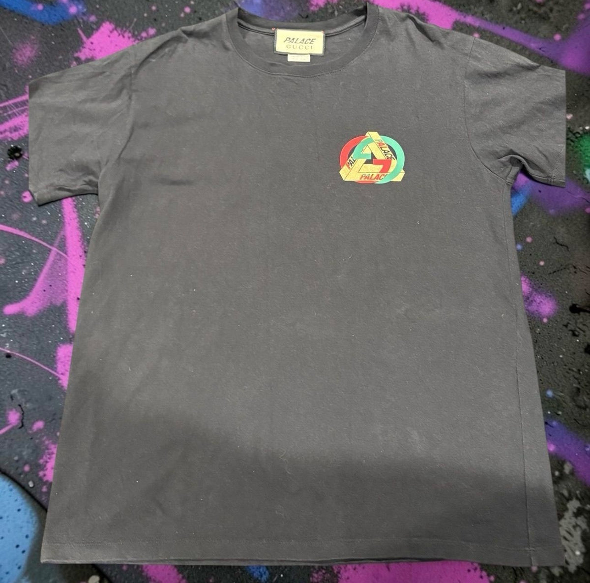 Aurora Fashion black cotton PALACE GUCCI t-shirt featuring a small colourful Tri-Ferg logo on the chest