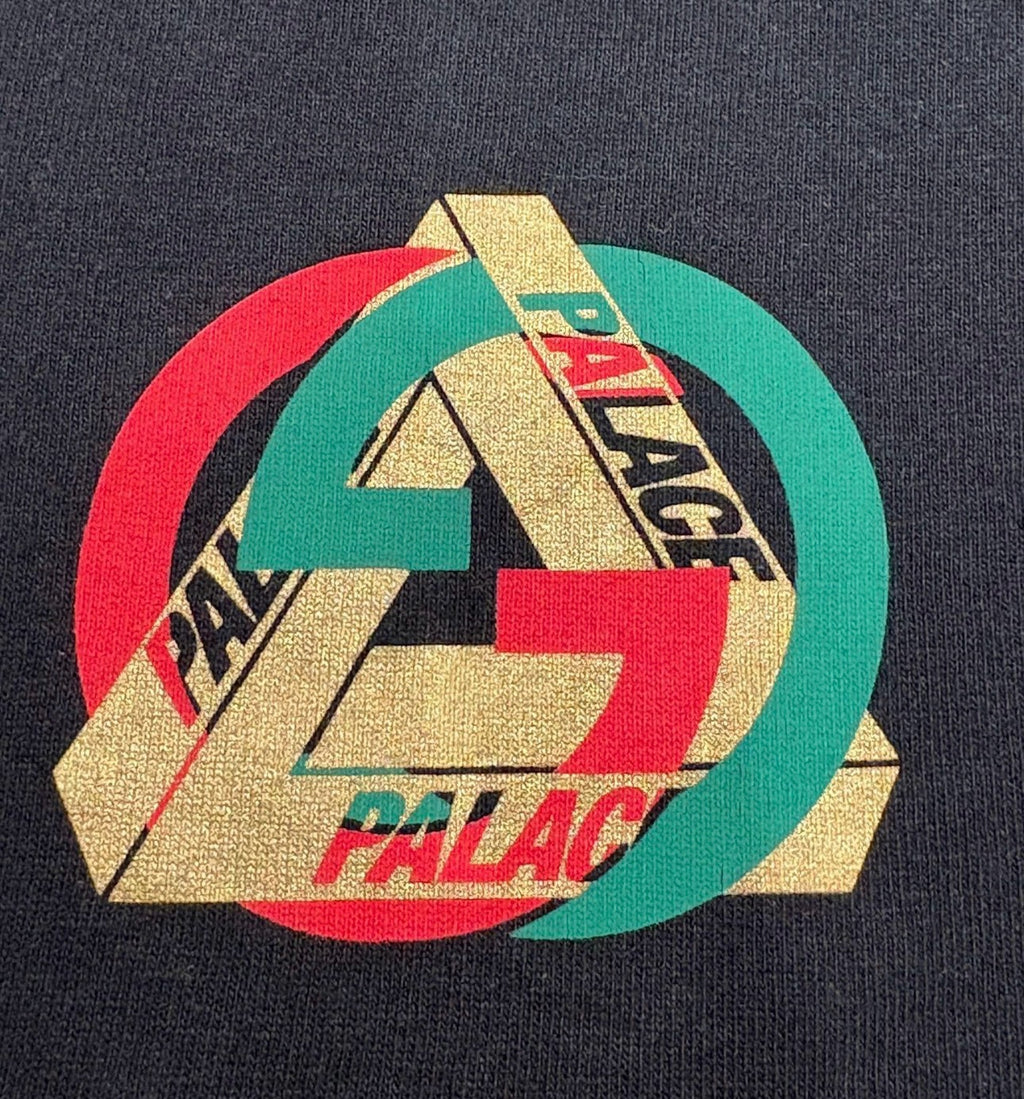 Aurora Fashion PALACE GUCCI black cotton t-shirt featuring a vibrant red, green, and metallic gold Tri-Ferg logo print