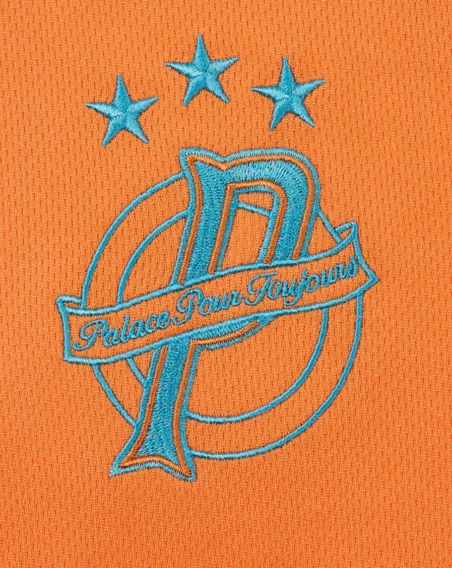 Aurora Fashion Palace sports jersey featuring an embroidered turquoise logo with three stars on orange technical fabric