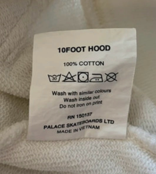 Aurora Fashion Palace Skateboards 10Foot hoodie white cotton garment care label with washing instructions