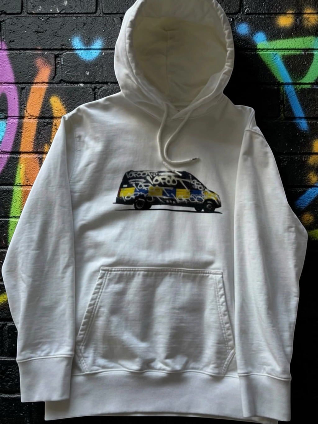 Aurora Fashion white Palace Skateboards 10Foot cotton hoodie with a graffiti police van graphic on the chest.
