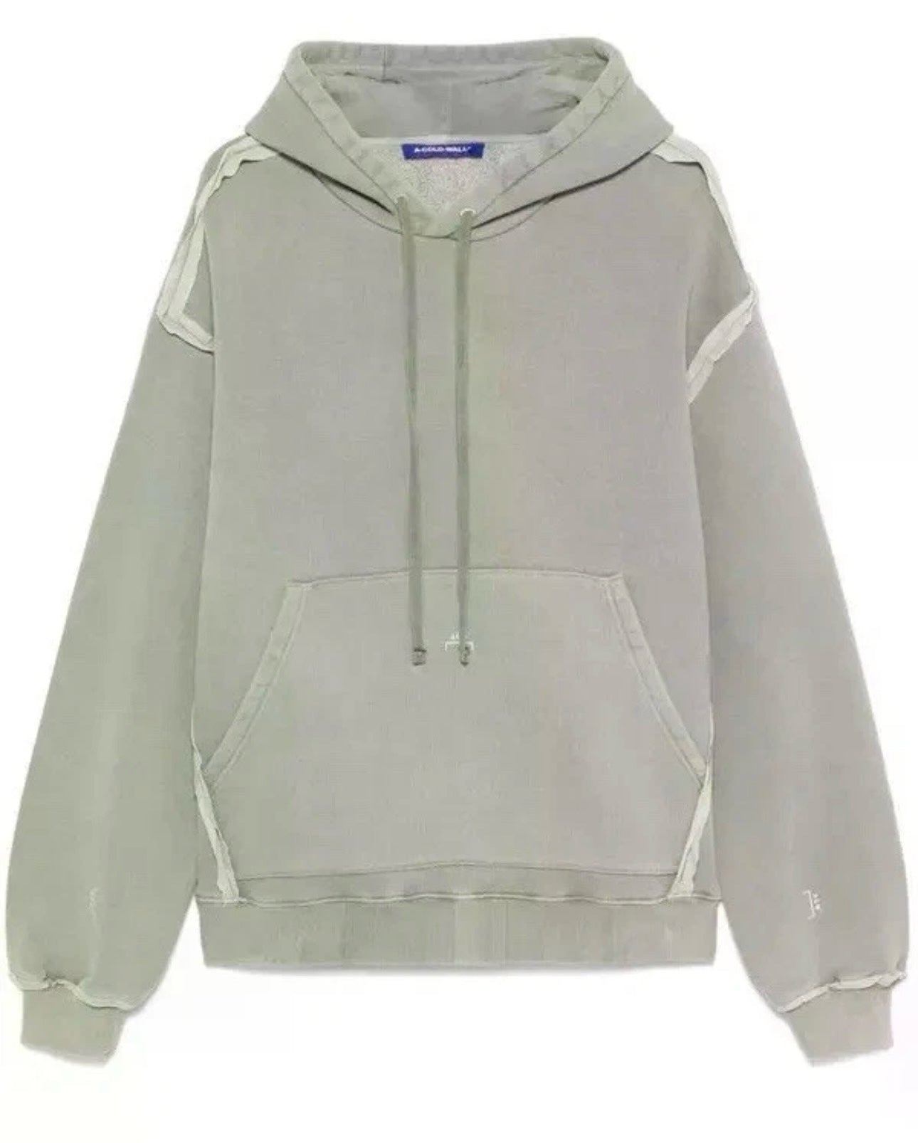 Aurora Fashion A-COLD-WALL* sage green heavyweight cotton hoodie with exposed seam detailing and kangaroo pocket.
