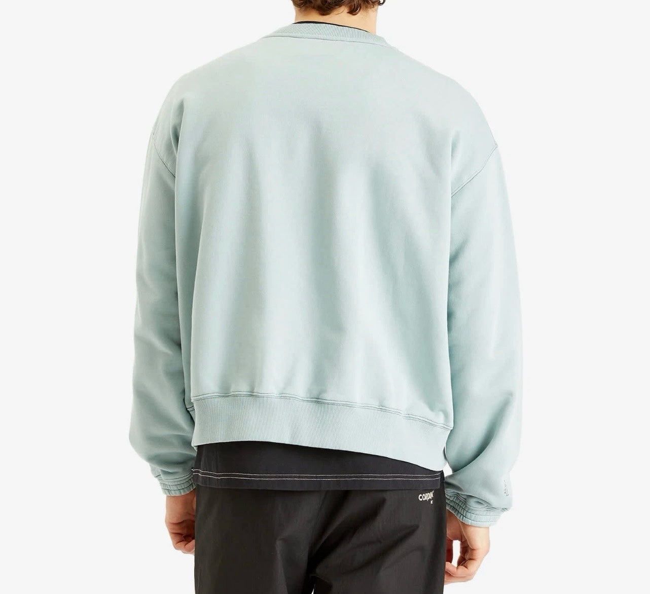 Back view of Aurora Fashion A-COLD-WALL* sage green heavyweight cotton sweatshirt with ribbed hem and cuffs
